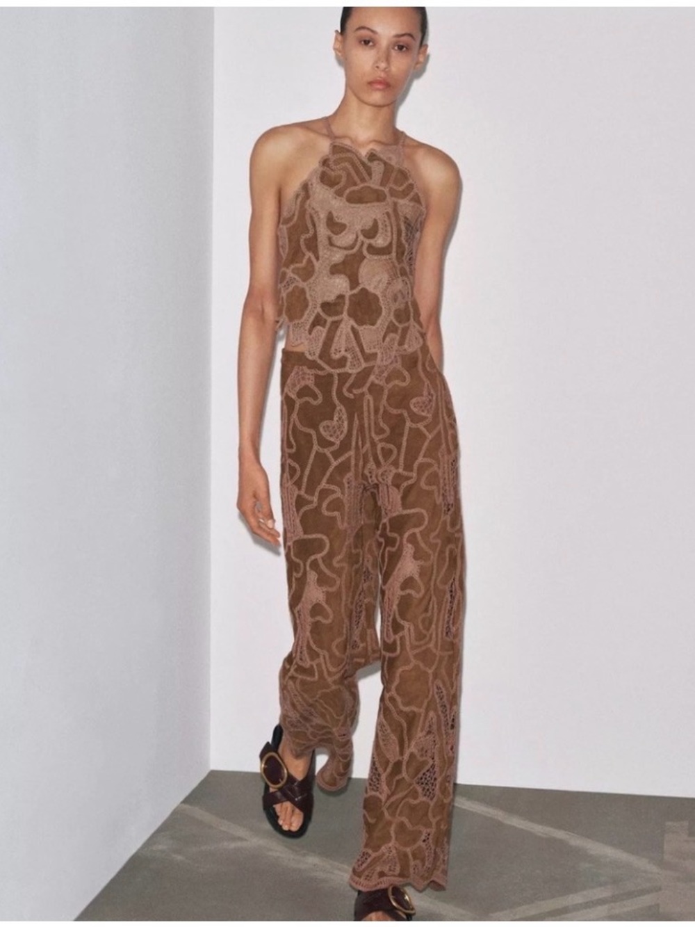 Zara faux suede Brown Lace-Effect 2-pc set